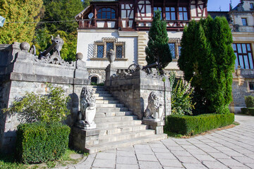 Beautiful old royal palace in Carpathian, entrance with stairs