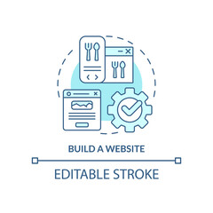 Build website turquoise concept icon. Advertise restaurant abstract idea thin line illustration. Digital promotion. Isolated outline drawing. Editable stroke. Arial, Myriad Pro-Bold fonts used