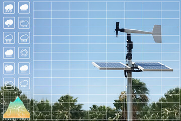 Weather station equipment for meteorology research to collect data of wind speed and direction with solar panels for power supply, graph and chart symbol for presentation background.