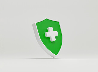 Obraz premium Isolate of Green shield with white plus sign for healthcare protection insurance and assurance concept by 3d render illustration.