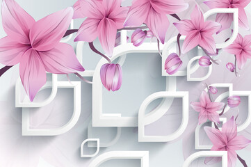 3d wallpaper pink louts flowers on white square background