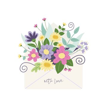Flowers in an envelope. Floral mail. Happy Valentine s Day