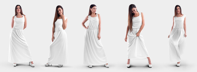 Mockup of a white empty dress on a girl in heels, a posing model in a sundress, isolated on a background, set, front view.