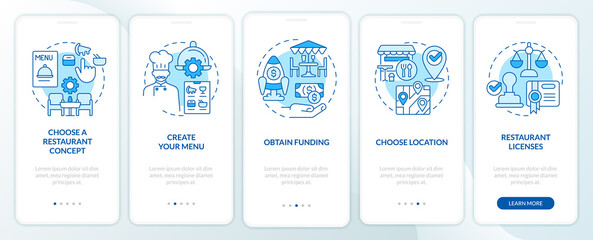 Starting restaurant steps blue onboarding mobile app screen. Walkthrough 5 steps editable graphic instructions with linear concepts. UI, UX, GUI template. Myriad Pro-Bold, Regular fonts used