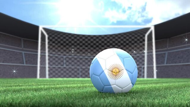 Argentina Soccer Ball, Rolling Into Stadium With Camera Flashes. 3D Animation