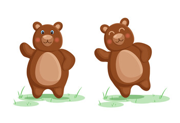 Plakat Set of cute brown bears on green grass. Vector illustration.