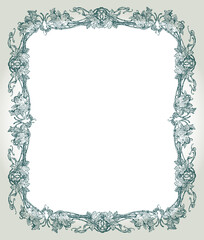 Decorative greeting card with border from drawn vintage vine with tendrils and leaves