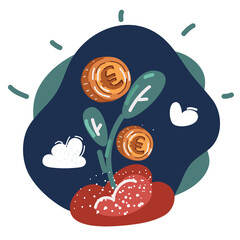 Cartoon vector illustration of Investment. Money growth. Euro sign with plant symbol concept.