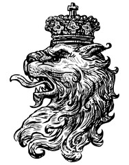 Hand drawing profile head of antique heraldic lion with crown