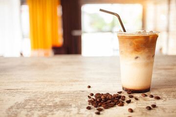 Ice latte coffee summer refreshing drink in cafe. - obrazy, fototapety, plakaty