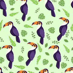 Seamless texture with tropical bird toucan and leaves. Pattern vector illustration.