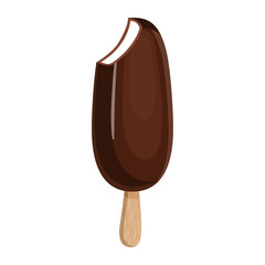 Popsicle ice cream with chocolate icing on a wooden stick. Vector illustration of summer sweets.