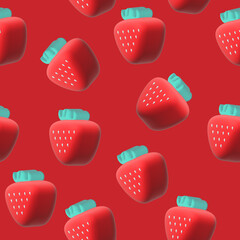 Pattern with 3D strawberry on red background. Plasticine strawberry