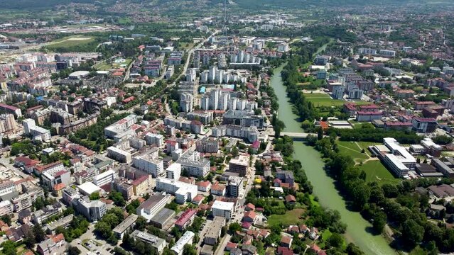 Aerial drone view of Banja Luka, Bosnia and Herzegovina. Buildings, streets, parks and residential houses. City center of Banja Luka, view from above. River Vrbas.