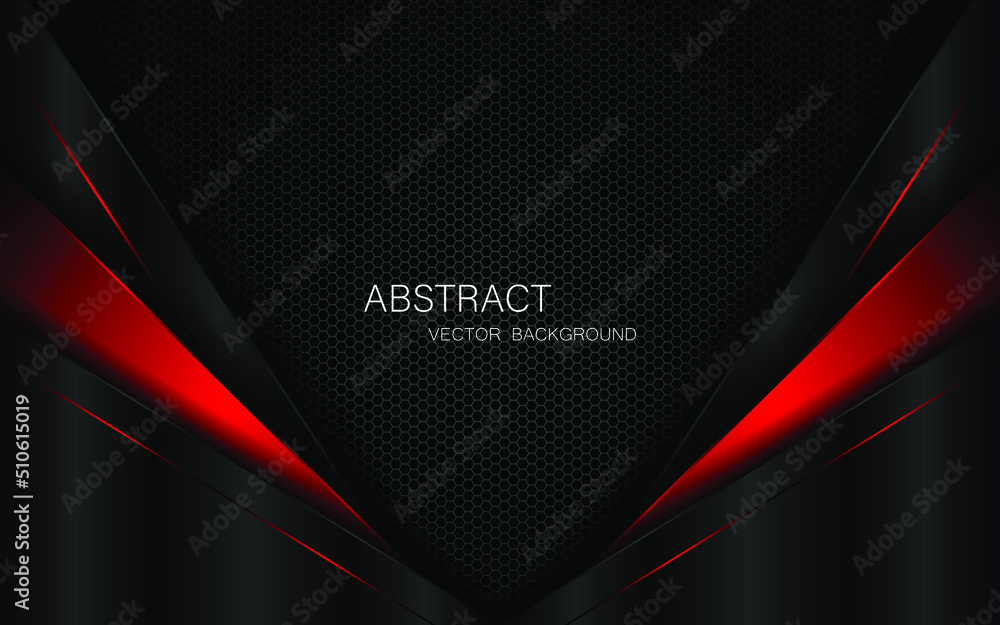 Aufkleber Abstract black and red polygon with red glow lines on dark steel mesh background with free space for design. modern technology innovation concept background
