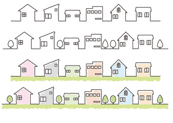 町の家々の線画イラスト