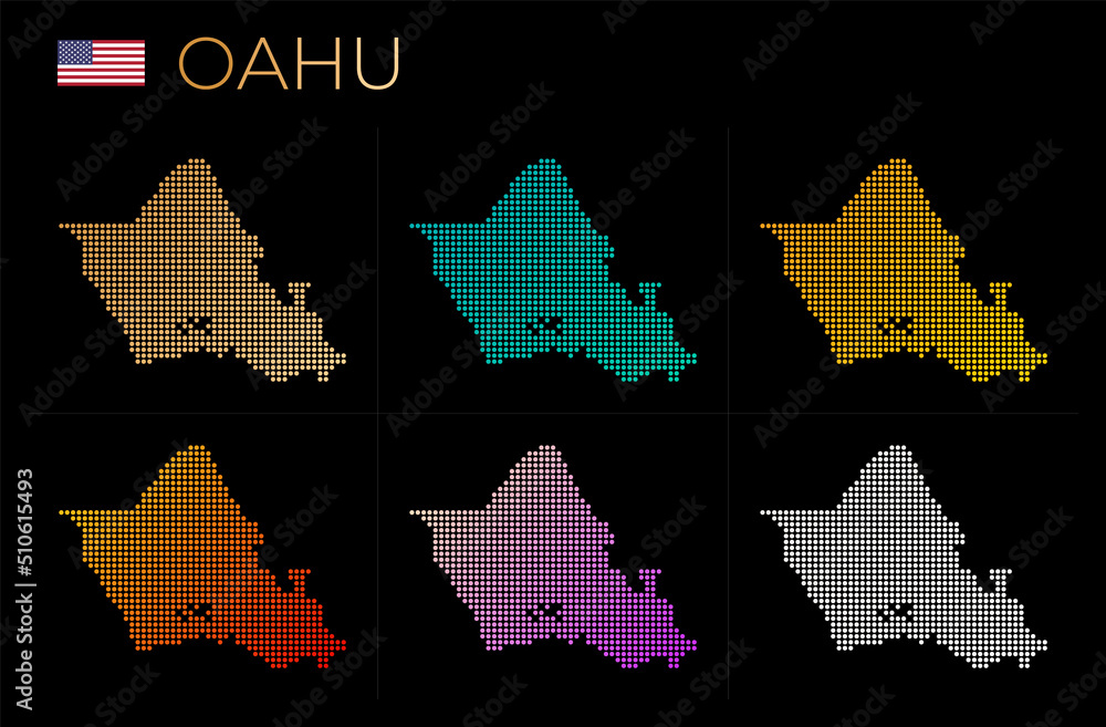 Poster oahu dotted map set. map of oahu in dotted style. borders of the island filled with beautiful smooth