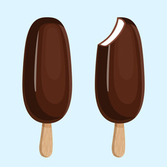 Popsicle ice cream with chocolate icing on a wooden stick. Vector illustration of summer sweets.