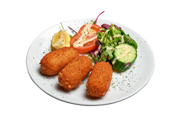 White plate with three Shrimps croquettes ans salad Isolated