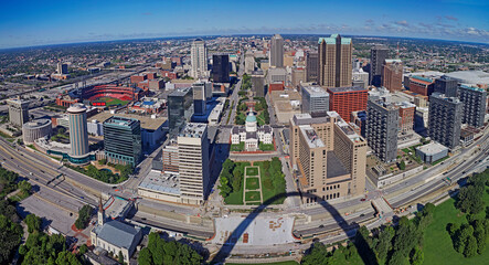 Panoramic aerial view of the city of St Louis, Missouri from Gateway arch at sunrise - obrazy, fototapety, plakaty
