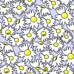 The chamomile flower. Hand-drawn  daisies for textiles. Seamless floral texture of Daisy flower on blue background, EPS 8, vector.
