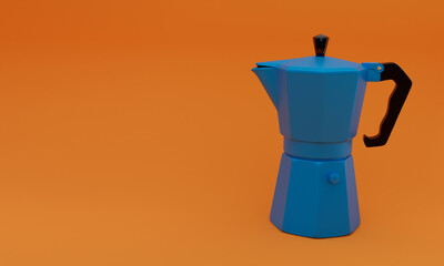 3d illustration, blue coffee maker, red background, copy space, 3d rendering