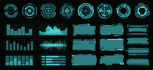 Fototapeta A set of elements of a sci-fi digital interface for the game, frames, sights, circles, titles, statistics, HUD-style graphics. Cyberpunk interface elements set.  Box border with chart, dashboard. obraz