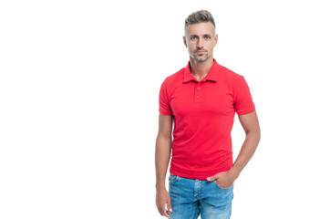 Fototapeta premium handsome man with grizzled hair in red shirt isolated on white background