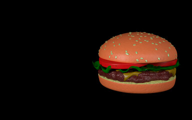 3d illustration, hamburger, black background, copy space, 3d rendering