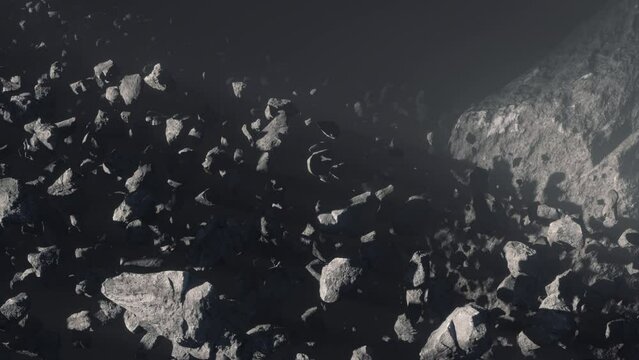 Asteroid field in deep space 3d render animation, Linear Shot with distant big asteroid rock or dwarf planet , volumetric light