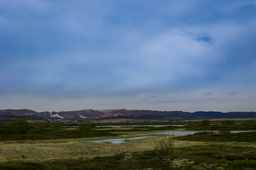 Swamps and wetlands in front of Bjarnarflag Geothermal electrical power Station in Iceland