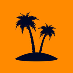 African Coconut Trees or Tropical Palm Trees on Orange Background. Simple Black Silhouette for Eco Floral Logotype Emblem in Retro Art, or Travel Logo Design