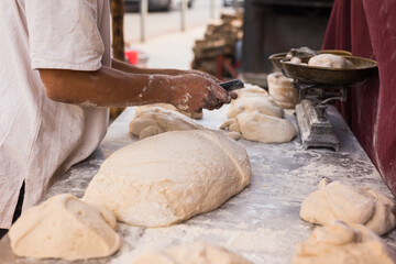 yeast dough on baking table. cooking process