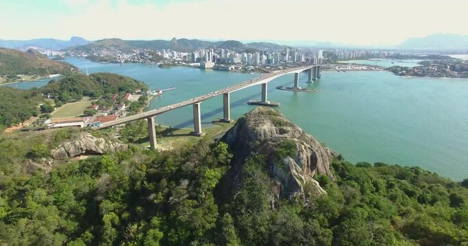 Aerial image of the city of Vit&oacute;ria in Espirito Santo, Brazil, showing the Marca da Bahia and the bridge that connects the two cities of Esp&iacute;rito Santo