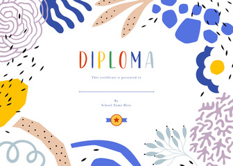 Bold colorful school and preschool diploma certificate for children in kindergarten or primary grades with geometric and floral elements on white background. Trendy vector flat illustration template.