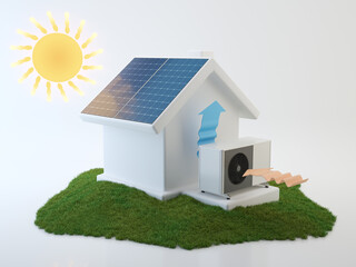 Air heat pump and solar panels. 3D house with alternative sources of energy. 3D illustration