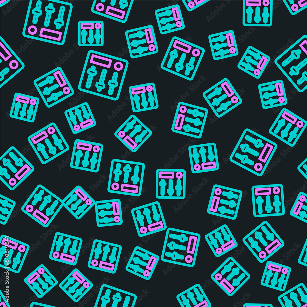 Poster line sound mixer controller icon isolated seamless pattern on black background. dj equipment slider 