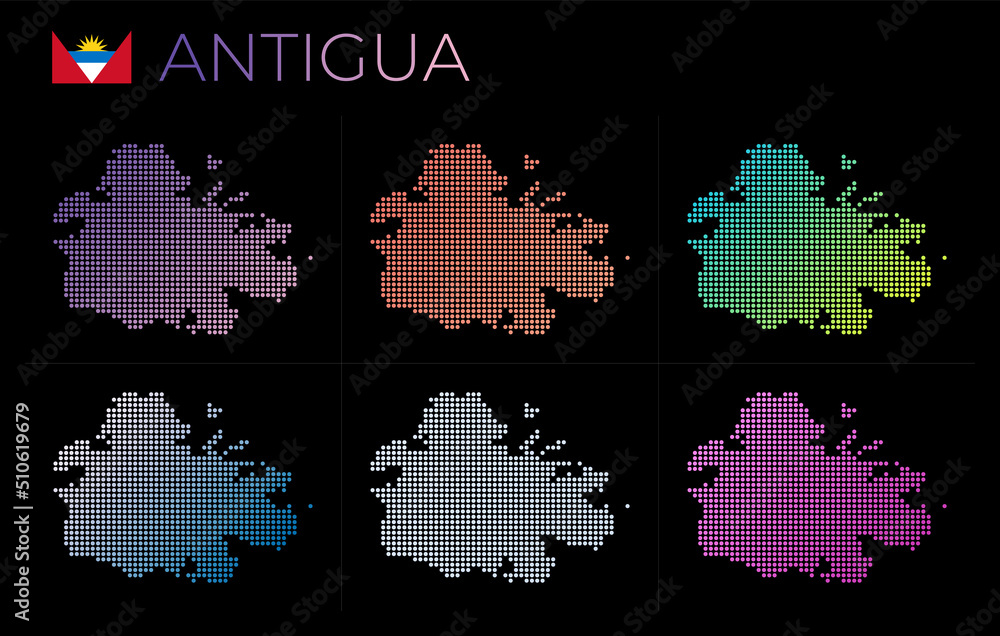 Poster antigua dotted map set. map of antigua in dotted style. borders of the island filled with beautiful 