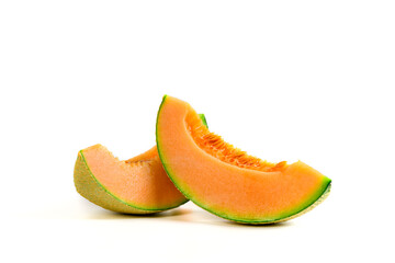 Fototapeta na wymiar slice of japanese melons, orange melon or cantaloupe melon with seeds isolated on white