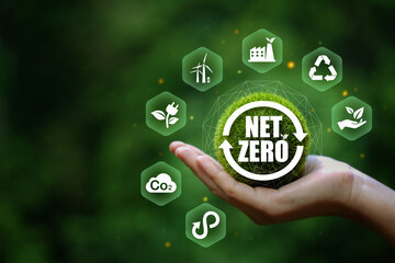 Net Zero and Carbon Neutral Concepts Net Zero Emissions Goals Weather neutral long-term strategy.. - obrazy, fototapety, plakaty