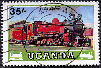 Fototapeta na wymiar UGANDA - CIRCA 1988: A stamp printed in Uganda, serias- Locomotives, Class 4-8-0, circa 1988