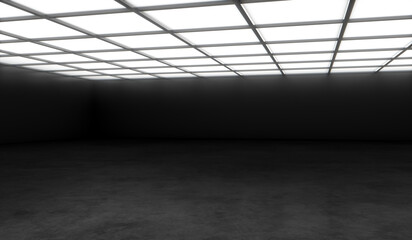 Modern empty hall room or open space with concrete floor, black wall and lights on top. 3D rendering Mockup.