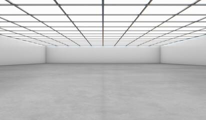 White open space empty hall with black wall, concrete floor and light on top. 3D rendering Mockup.