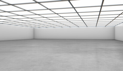 White open space empty hall with black wall, concrete floor and light on top. 3D rendering Mockup.