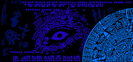 Space background with ancient maya pattern.Corner design on the theme of the Mayan calendar.  
The Aztecs, Mayans, Incas.
The Mayan alphabet.Ancient signs of America on a black background.
