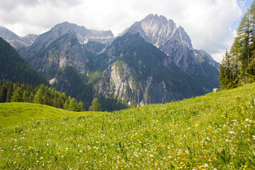 Fototapeta na wymiar Landscape of Lienz Dolomites in Austria. Massive Alpine mountains.