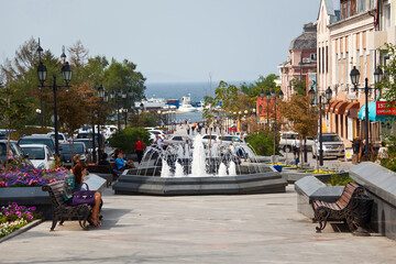 Vladivostok city, cityscape, Fokina Street on a sunny summer day. Russia, Primorsky Krai, Far East
