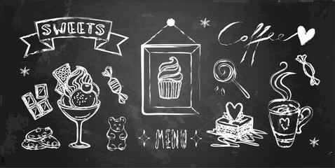 vector set of sweets object by chak on black board. Chalkboard cafe menu with decoration, frame, ribbon, star, heart. Handwritten words. Isolate elements on chalkboard. doodle design for kithen