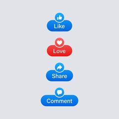 Social media notification icons in modern button label banner or post reactions like love comment share icon buttons. thumbs up, heart, repost, icons