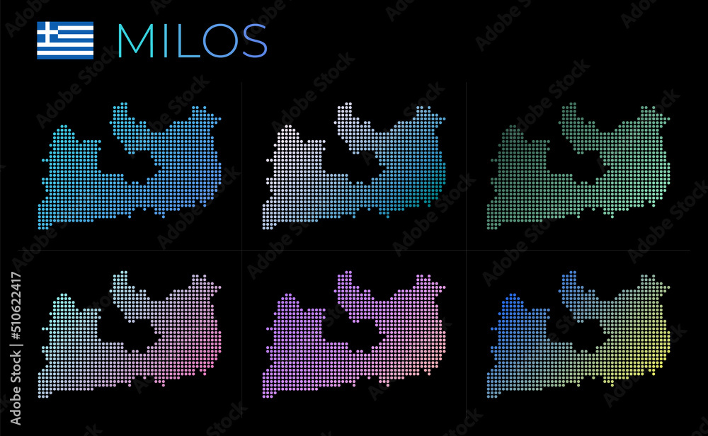 Poster milos dotted map set. map of milos in dotted style. borders of the island filled with beautiful smoo